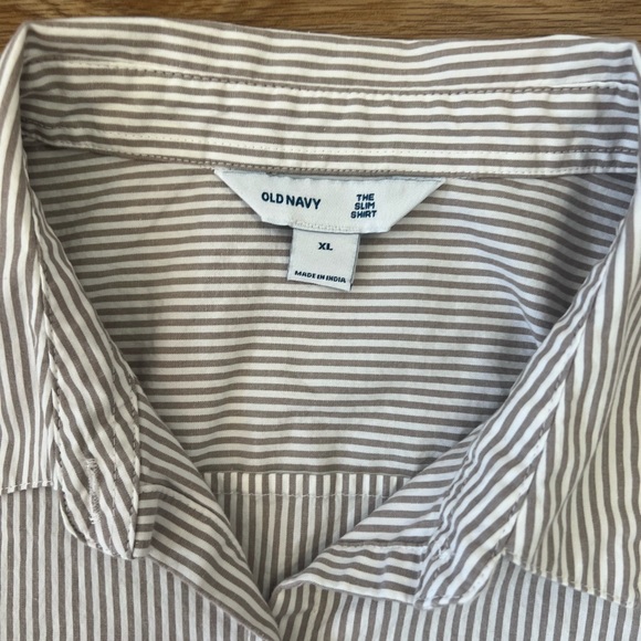 Old Navy Women's Tan and White Striped Button Down Shirt - Picture 2 of 4